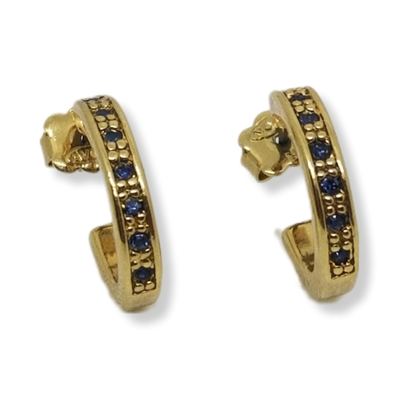 AVON 2004 "GOLDTONE PRECIOUS COLORED HOOP EARRINGS" FAUX SAPPHIRE EARRINGS - Picture 2 of 4